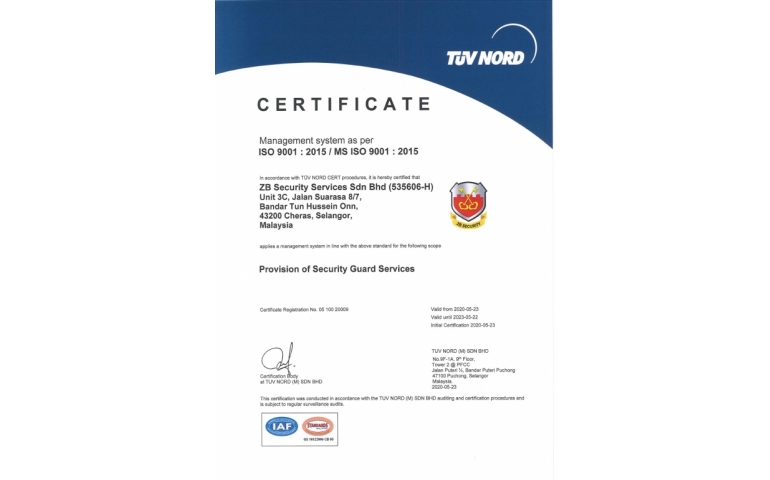 ZB SECURITY SERVICES SDN BHD TERIMA ANUGERAH  ISO 9001:2015 / MS ISO 9001 : 2015 (MANAGEMENT SYSTEM)